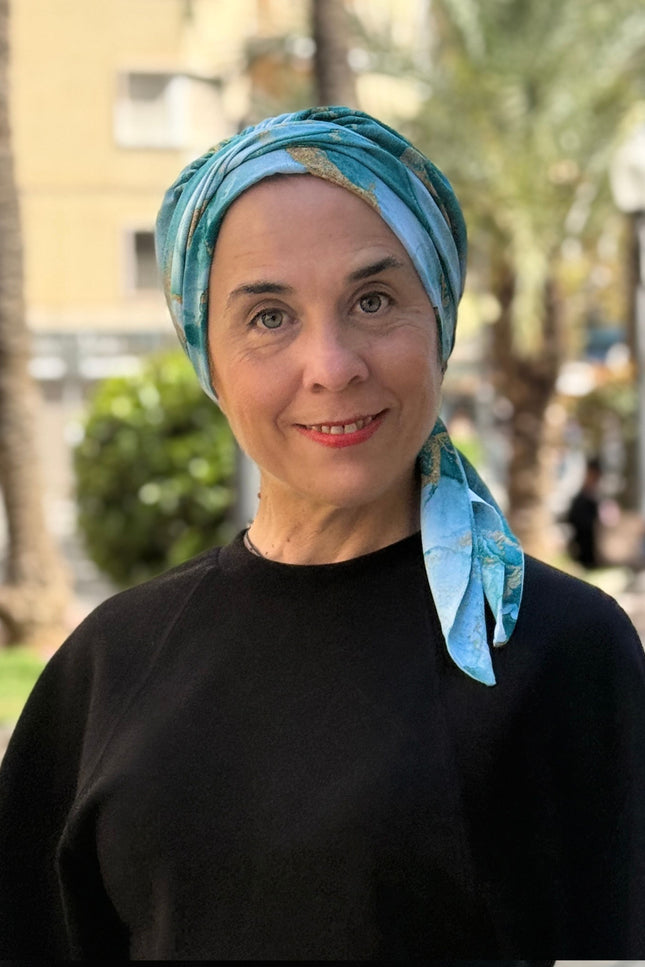 Pañuelo Oncológico Carla Bedia | Zoe Silk Mármol Azul