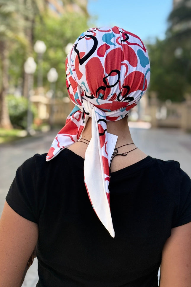 Pañuelo Oncológico Carla Bedia | Zoe Bambú Abstrac Coral Turquesa
