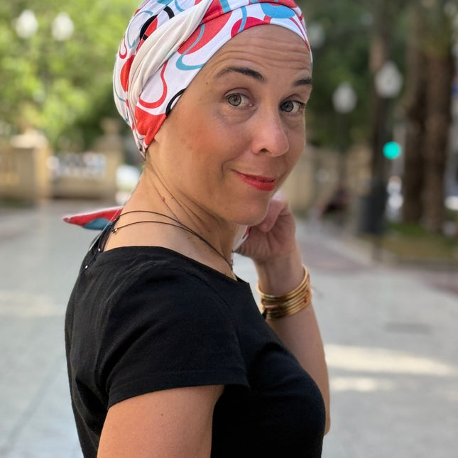 Pañuelo Oncológico Carla Bedia | Zoe Bambú Abstrac Coral Turquesa