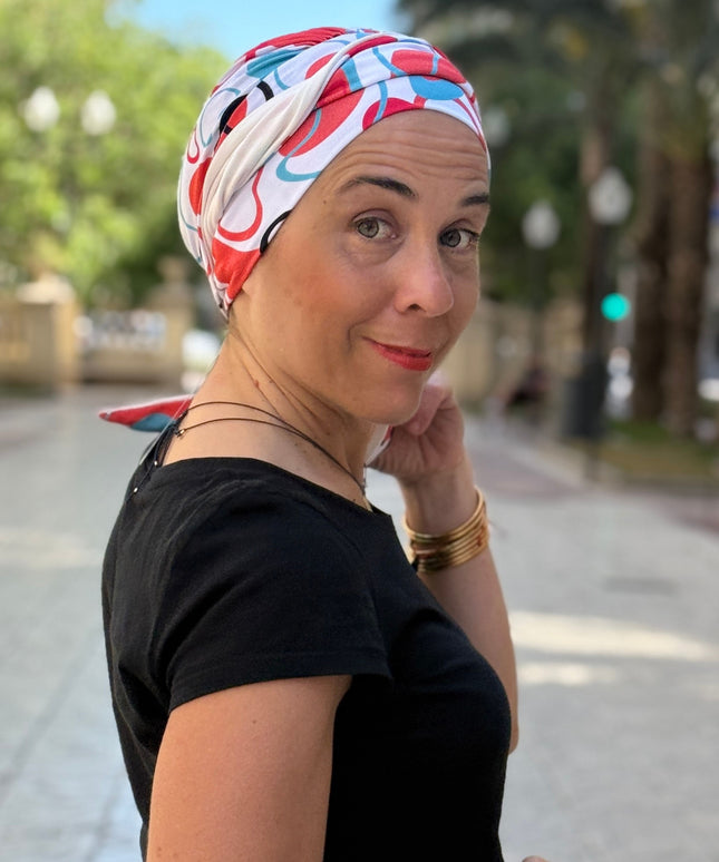 Pañuelo Oncológico Carla Bedia | Zoe Bambú Abstrac Coral Turquesa