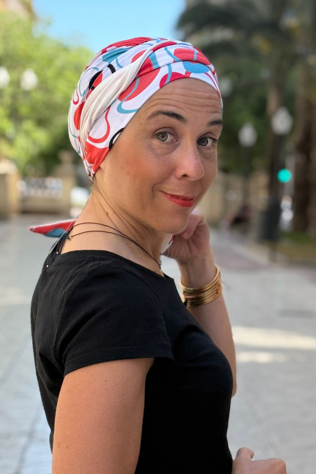 Pañuelo Oncológico Carla Bedia | Zoe Bambú Abstrac Coral Turquesa