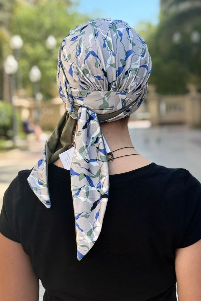 Pañuelo Oncológico Carla Bedia | Zoe Bambú Hojas Azul Caqui