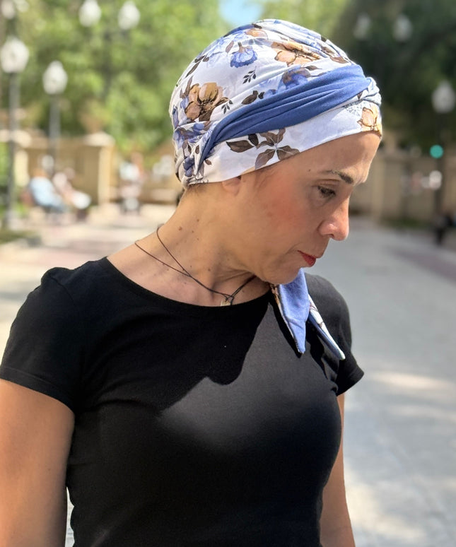 Pañuelo Oncológico Carla Bedia | Zoe Bambú Flores Azul Mostaza
