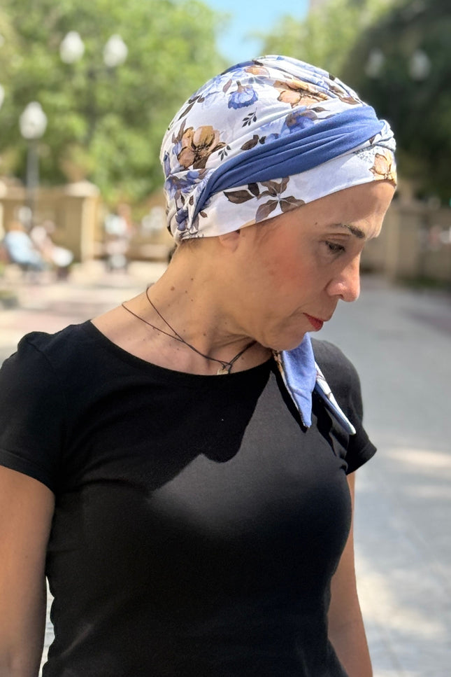 Pañuelo Oncológico Carla Bedia | Zoe Bambú Flores Azul Mostaza