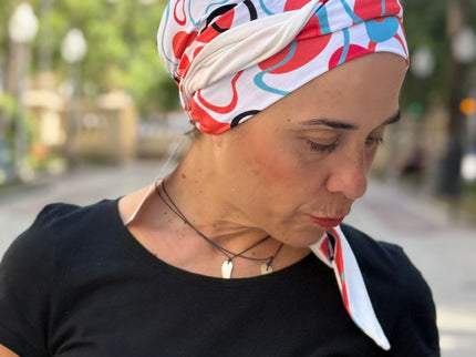 Pañuelo Oncológico Carla Bedia | Zoe Bambú Abstrac Coral Turquesa