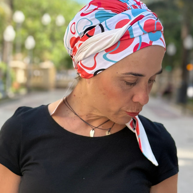 Pañuelo Oncológico Carla Bedia | Zoe Bambú Abstrac Coral Turquesa