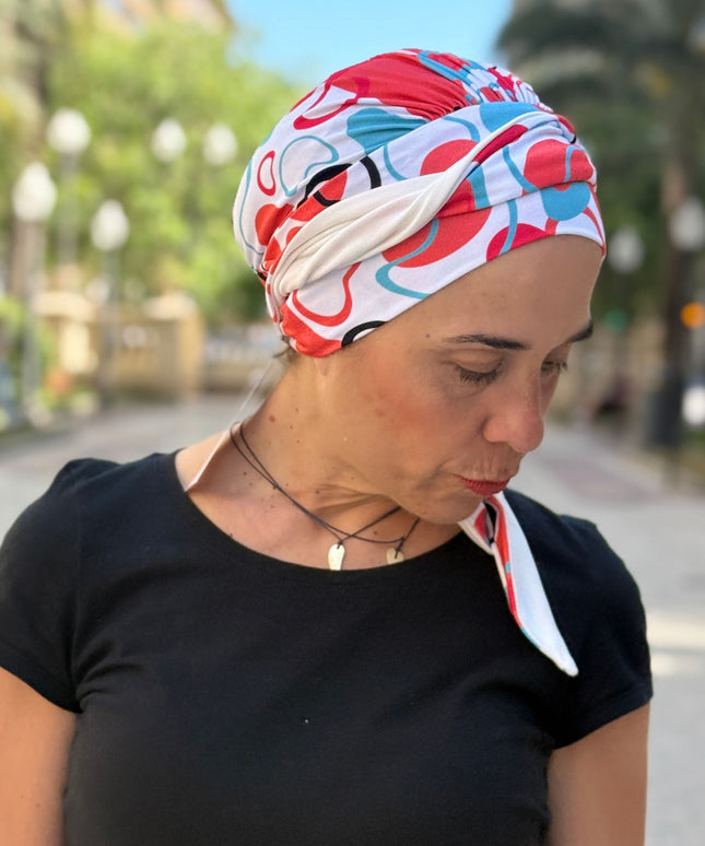 Pañuelo Oncológico Carla Bedia | Zoe Bambú Abstrac Coral Turquesa
