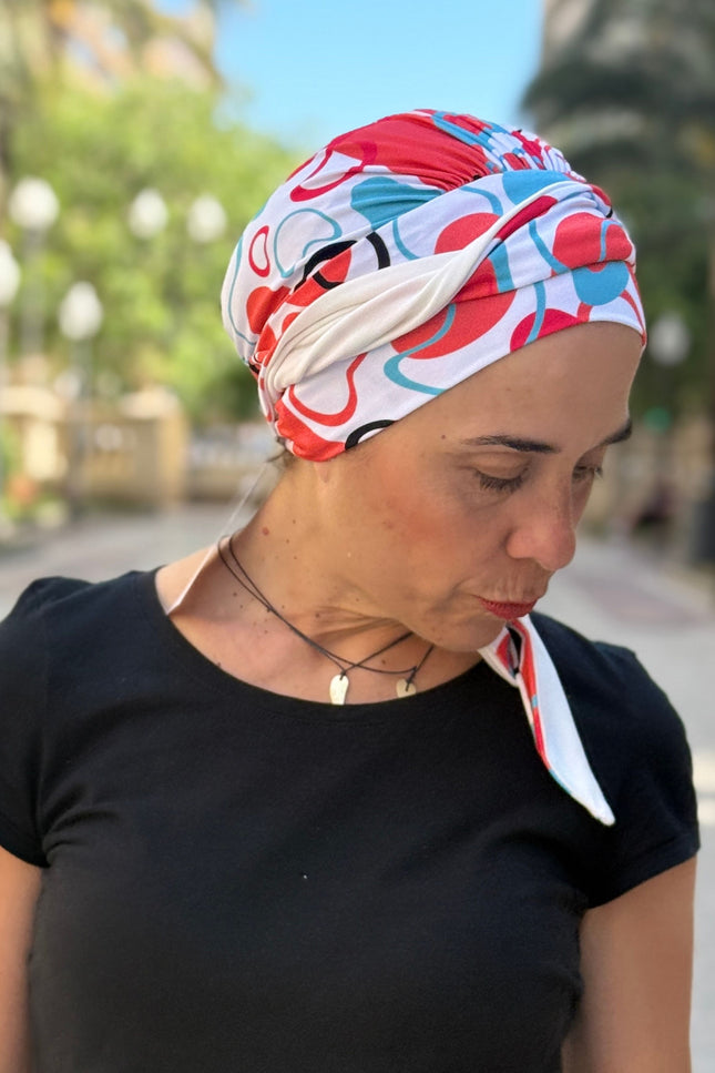 Pañuelo Oncológico Carla Bedia | Zoe Bambú Abstrac Coral Turquesa
