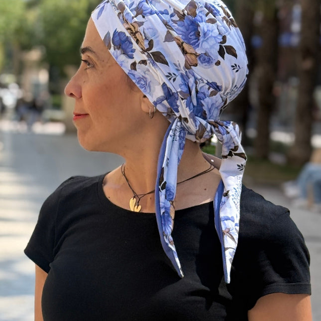 Pañuelo Oncológico Carla Bedia | Zoe Bambú Flores Azul Mostaza