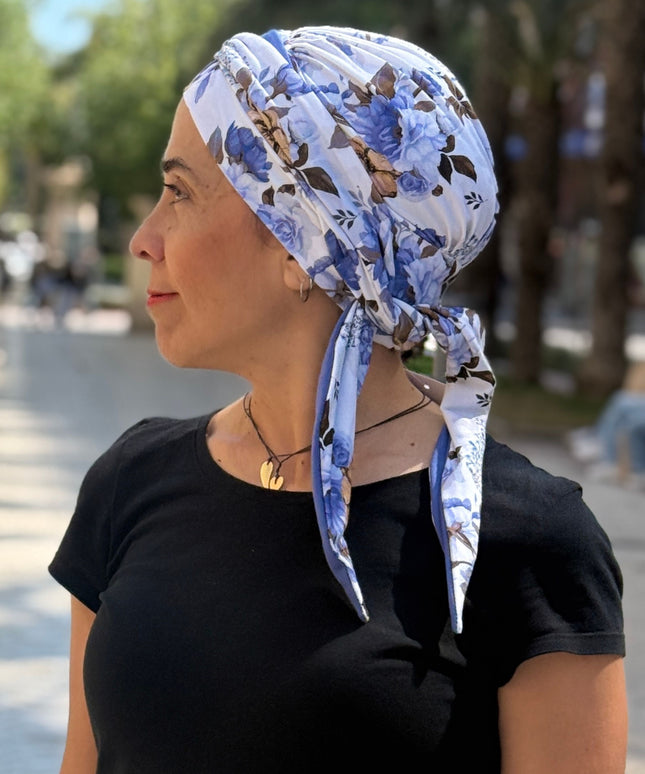 Pañuelo Oncológico Carla Bedia | Zoe Bambú Flores Azul Mostaza