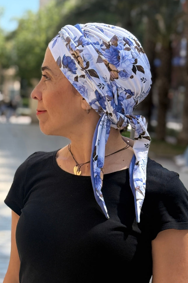 Pañuelo Oncológico Carla Bedia | Zoe Bambú Flores Azul Mostaza