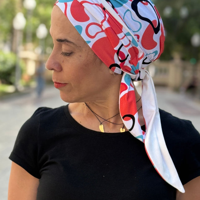 Pañuelo Oncológico Carla Bedia | Zoe Bambú Abstrac Coral Turquesa