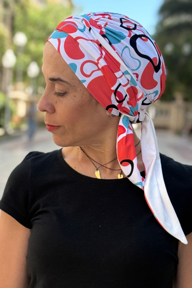 Pañuelo Oncológico Carla Bedia | Zoe Bambú Abstrac Coral Turquesa