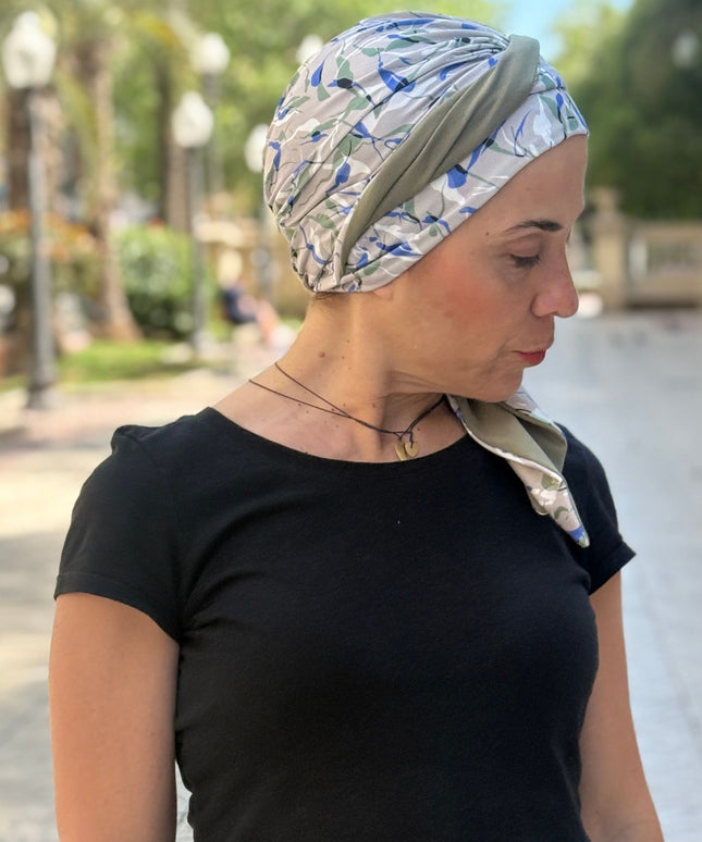 Pañuelo Oncológico Carla Bedia | Zoe Bambú Hojas Azul Caqui