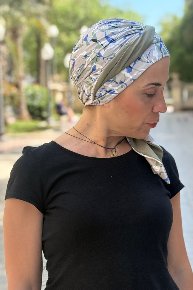 Pañuelo Oncológico Carla Bedia | Zoe Bambú Hojas Azul Caqui