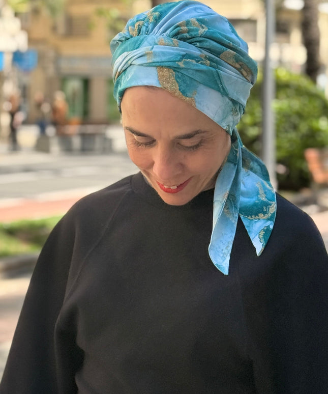 Pañuelo Oncológico Carla Bedia | Zoe Silk Mármol Azul