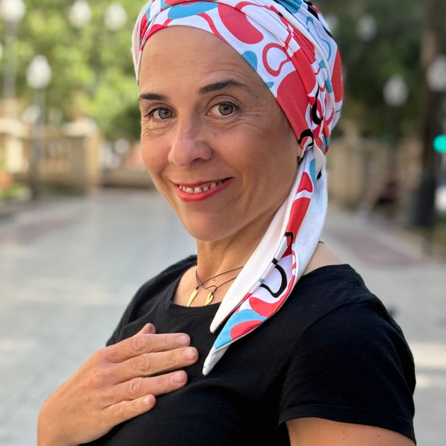 Pañuelo Oncológico Carla Bedia | Zoe Bambú Abstrac Coral Turquesa
