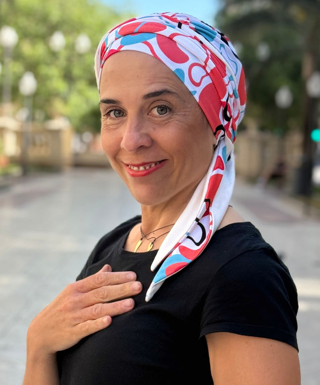 Pañuelo Oncológico Carla Bedia | Zoe Bambú Abstrac Coral Turquesa