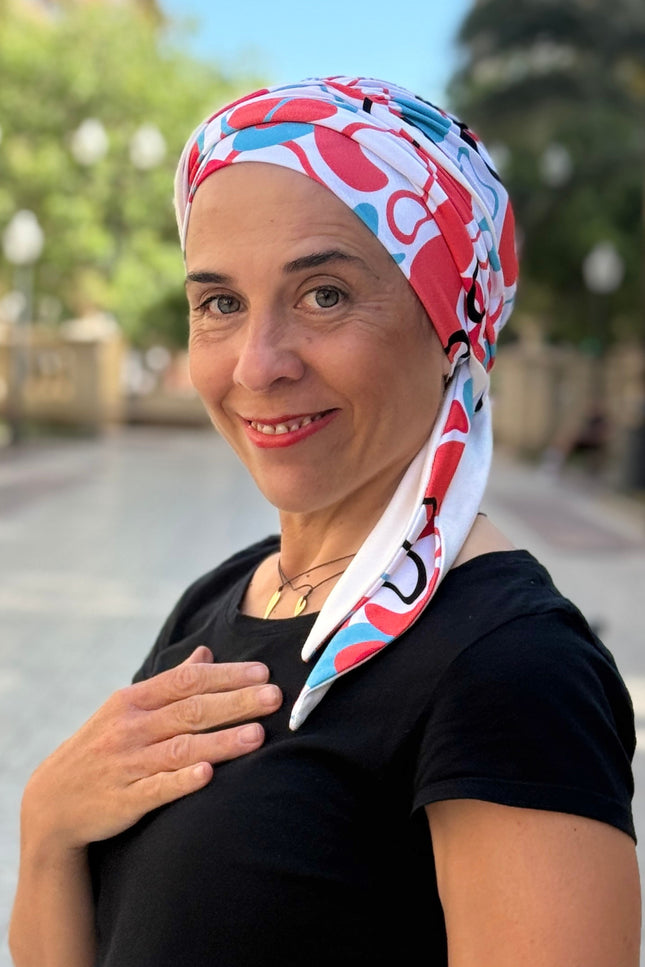 Pañuelo Oncológico Carla Bedia | Zoe Bambú Abstrac Coral Turquesa