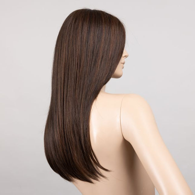 Peluca Mirage Deluxe de Ellen Wille, color Darkchocolate Mix, vista posterior y lateral en maniquí